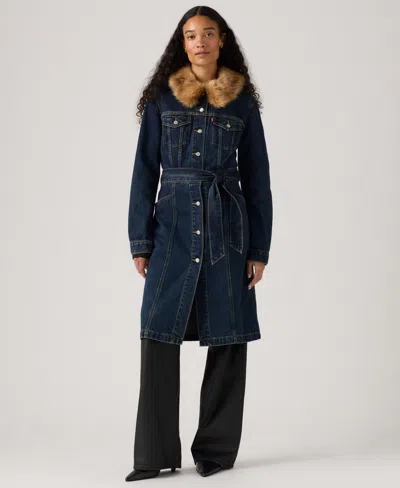 Levi's Mob Wife Belted Denim Coat With Removable Faux Fur Collar In Blue