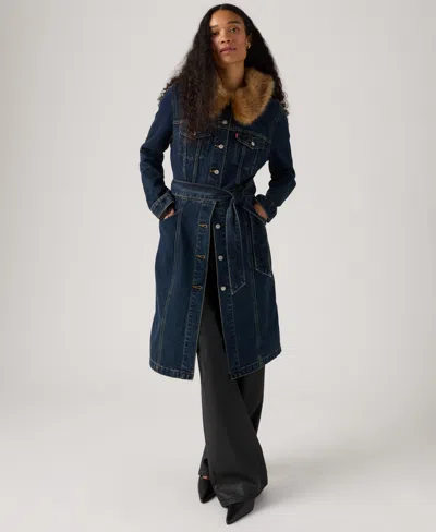 Levi's Mob Wife Belted Denim Coat With Removable Faux Fur Collar In Blue