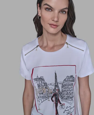 Karl Lagerfeld Women's Zip-shoulder T-shirt In White
