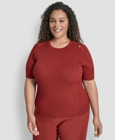 Dkny Plus Size Short-sleeve Button-detail Sweater In Red