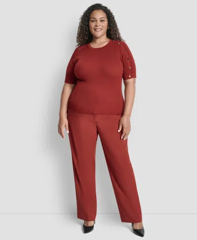 Dkny Plus Size Short-sleeve Button-detail Sweater In Red