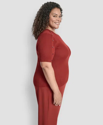 Dkny Plus Size Short-sleeve Button-detail Sweater In Red