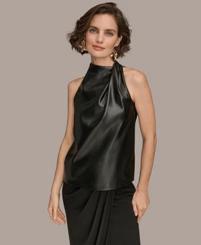 Donna Karan New York Mixed Media Sleeveless Faux Leather Top In Black