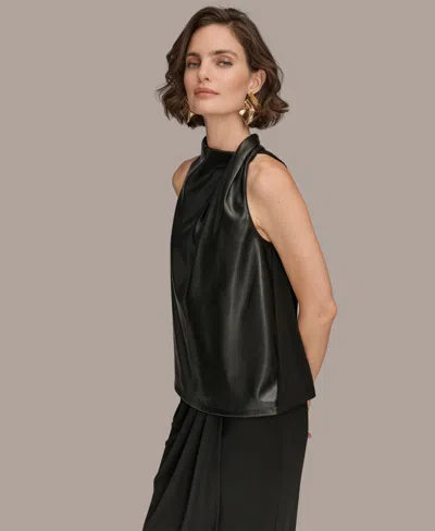 Donna Karan New York Mixed Media Sleeveless Faux Leather Top In Black