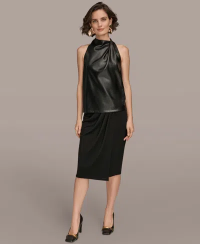 Donna Karan New York Mixed Media Sleeveless Faux Leather Top In Black