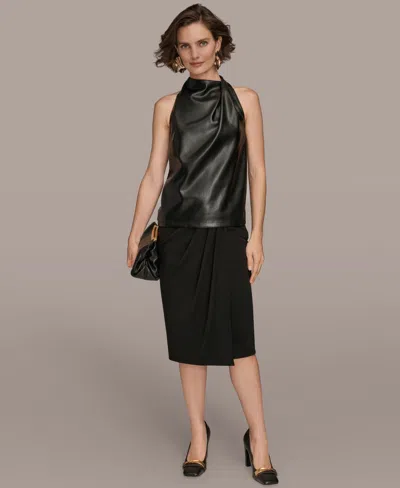 Donna Karan New York Mixed Media Sleeveless Faux Leather Top In Black