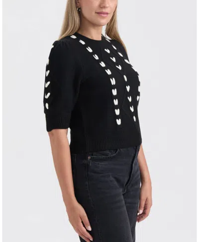 Ellen Tracy Embroidered Short Sleeve Crop Sweater In Black