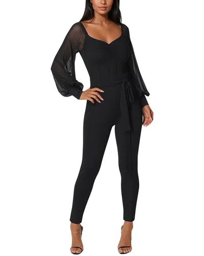 Bebe Printed Mesh Off Shoulder Catsuit In Black