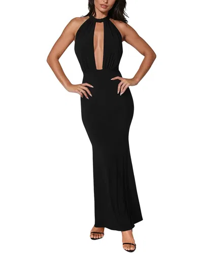 Bebe Plunge Neck Halter Floor Length Dress In Black