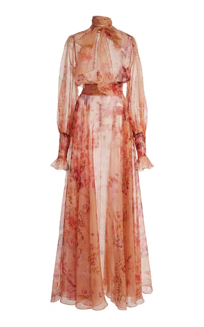 Zuhair Murad Silk Organza Floral Draped Maxi Dress In Pink
