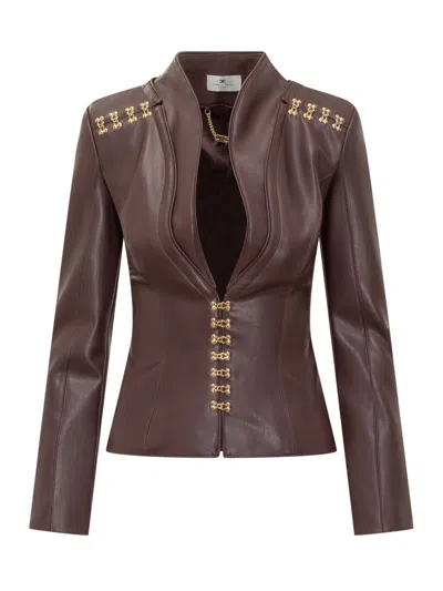 Elisabetta Franchi Brown Faux Leather Jacket With Gold Hooks And Shoulder Details In Red