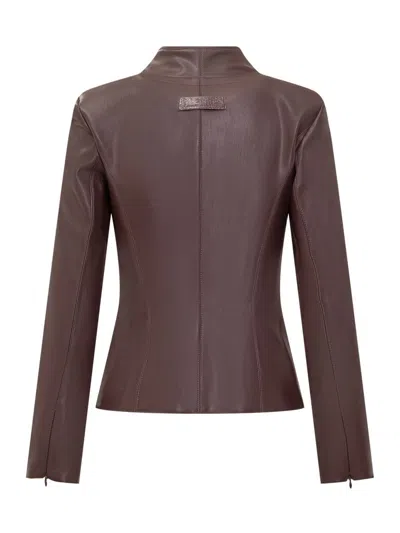 Elisabetta Franchi Brown Faux Leather Jacket With Gold Hooks And Shoulder Details In Red