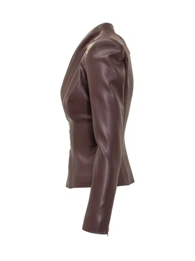Elisabetta Franchi Brown Faux Leather Jacket With Gold Hooks And Shoulder Details In Red