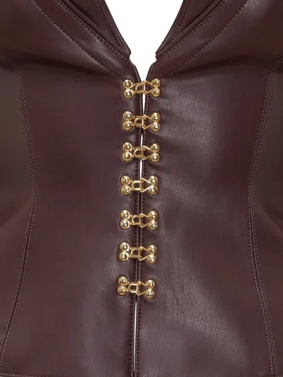 Elisabetta Franchi Brown Faux Leather Jacket With Gold Hooks And Shoulder Details In Red