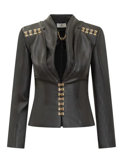 Elisabetta Franchi Faux Leather Jacket With Gold Hooks And Details On Shoulders In Black