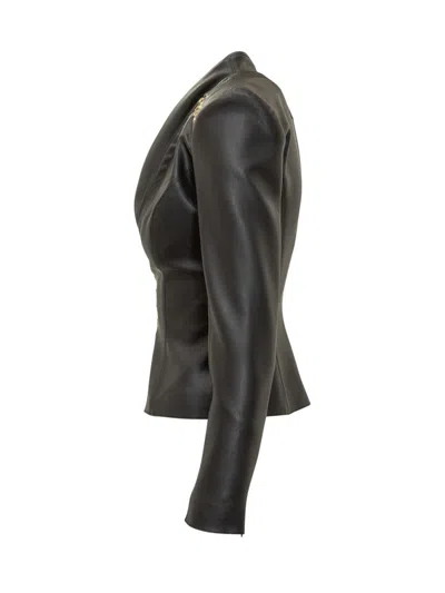 Elisabetta Franchi Faux Leather Jacket With Gold Hooks And Details On Shoulders In Black