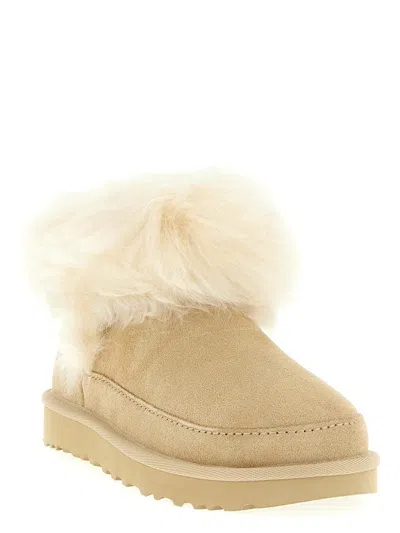 Ugg Classic Ultra Mini Chalet Beige Ankle Boots With Fur Design In Suede Woman In Neutral