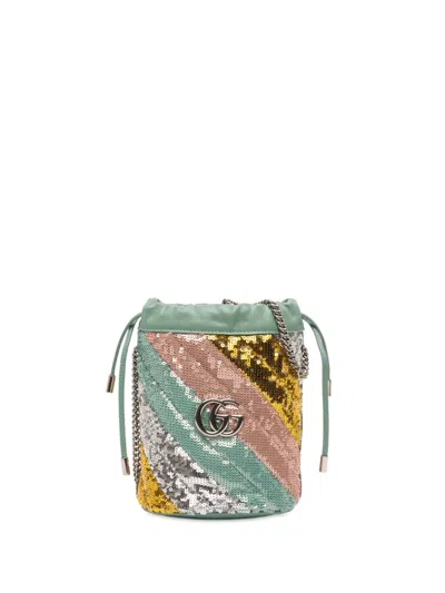 Pre-owned Gucci 2016-2025 Small Gg Marmont Sequined Diagonal Matelasse Leather Bucket Bag In Green