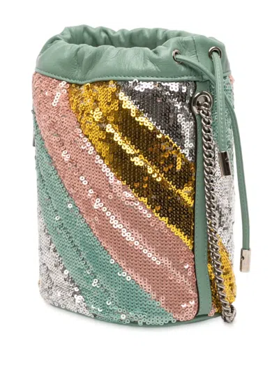 Pre-owned Gucci 2016-2025 Small Gg Marmont Sequined Diagonal Matelasse Leather Bucket Bag In Green