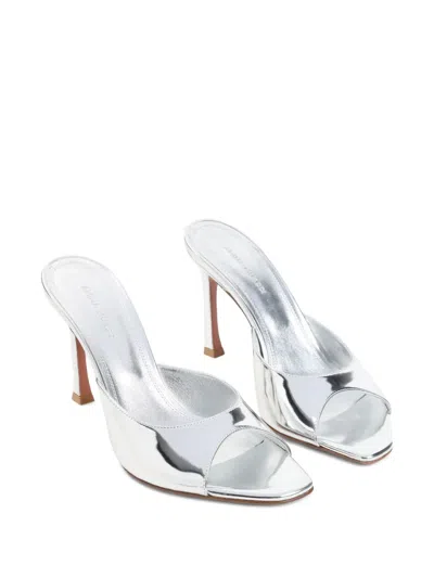 Amina Muaddi Alexa 95 Metallic Leather Mules In Silver