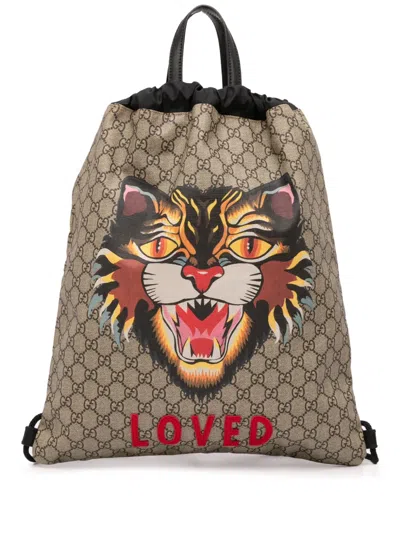 Pre-owned Gucci 2016-2025 Gg Supreme Angry Cat Drawstring Backpack In Brown