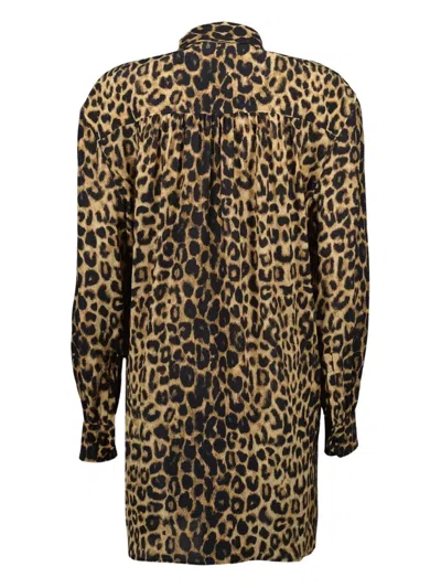 Saint Laurent Leopard Printed Long-sleeved Dress In Brown