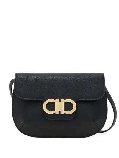 Ferragamo Double Gancini Mini Leather Shoulder Bag In Black