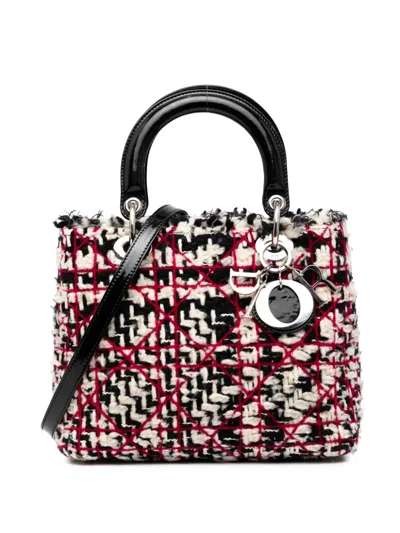 Pre-owned Dior 2011 Medium Tweed Cannage Fringe Lady  Satchel In Black