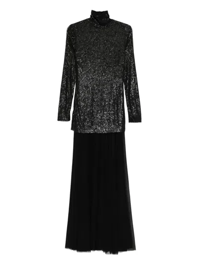 Norma Kamali Sequin-embellished Stretch-tulle Turtleneck Gown In Black