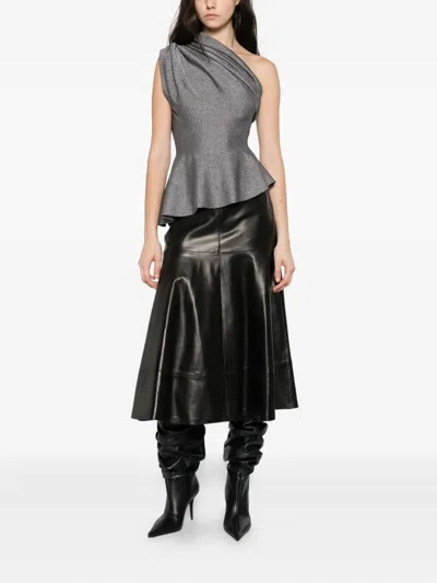 Khaite Aimee Asymmetric One-shoulder Draped Lurex Peplum Top In Gray