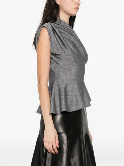 Khaite Aimee Asymmetric One-shoulder Draped Lurex Peplum Top In Gray