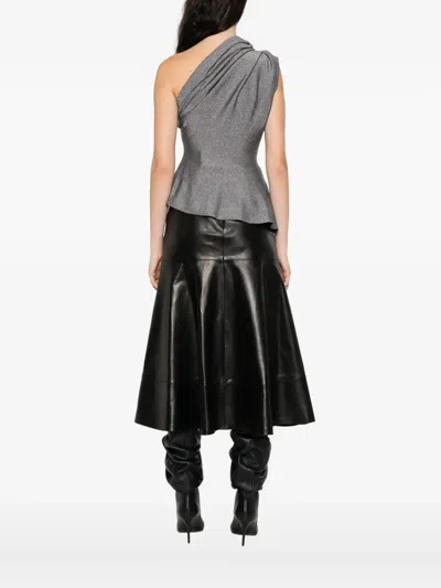 Khaite Aimee Asymmetric One-shoulder Draped Lurex Peplum Top In Gray