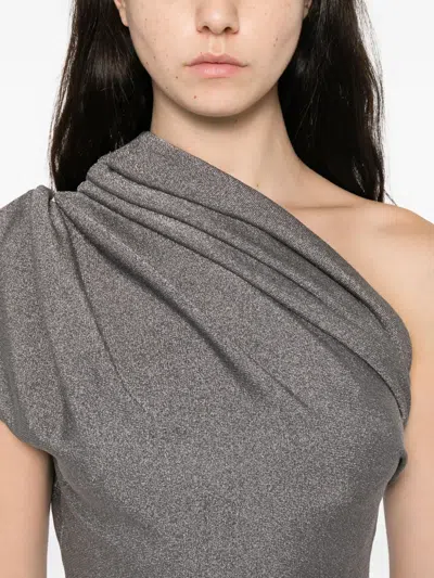 Khaite Aimee Asymmetric One-shoulder Draped Lurex Peplum Top In Gray