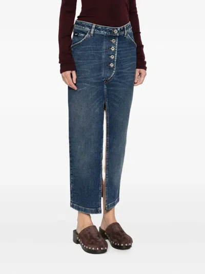 Pence Whiskering-effect Denim Skirt In Blue