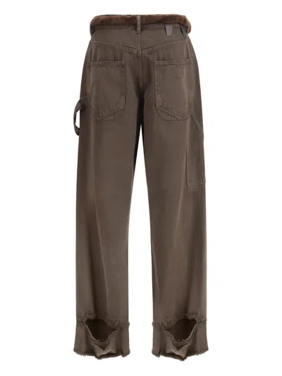 Darkpark Lisa Fur Belt Adorned Loose Fit Carpenter Pants In Brown