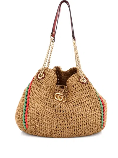 Pre-owned Gucci 2015-2025 Gg Marmont Chain Raffia Large Tote Bag In Neutral