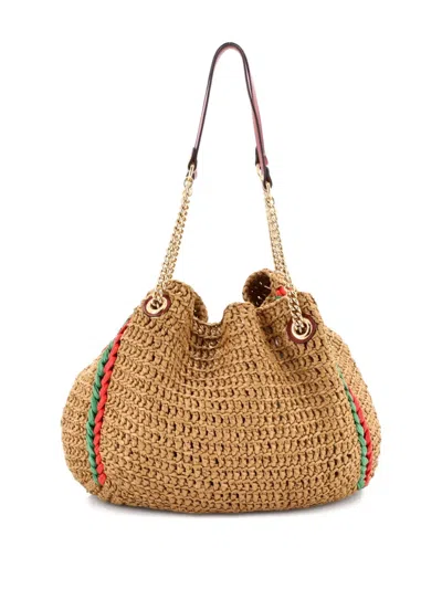 Pre-owned Gucci 2015-2025 Gg Marmont Chain Raffia Large Tote Bag In Neutral