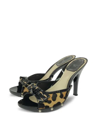 Pre-owned Dior 90mm Leopard-print Bow-embellished Mules In Black