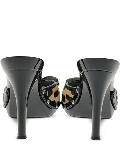 Pre-owned Dior 90mm Leopard-print Bow-embellished Mules In Black