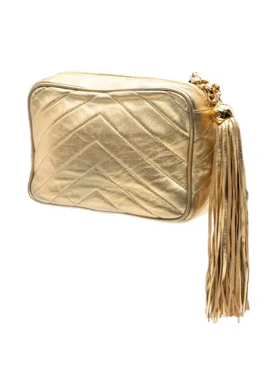 Pre-owned Chanel 1991-1994 Chevron Metallic Lambskin Tassel Chain Camera Bag Crossbody Bag In Gold