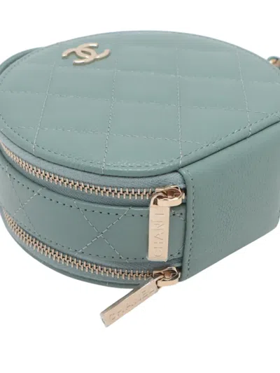 Pre-owned Chanel 2021 Quilted Caviar Handle With Care Round Vanity Case With Chain Satchel In Green