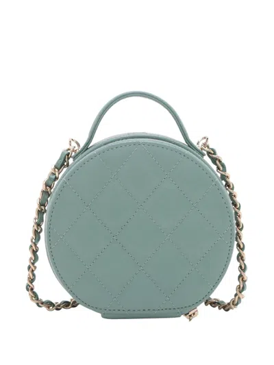 Pre-owned Chanel 2021 Quilted Caviar Handle With Care Round Vanity Case With Chain Satchel In Green