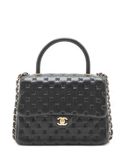 Pre-owned Chanel 2016-2017 Small Lambskin Cross Stitch Coco Top Handle Bag Satchel In Black