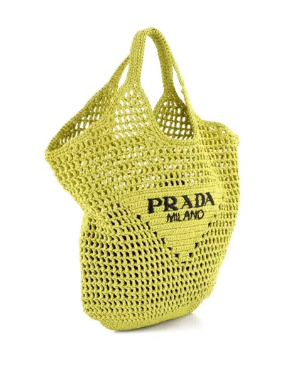 Pre-owned Prada Triangle Logo Raffia Tote In Green