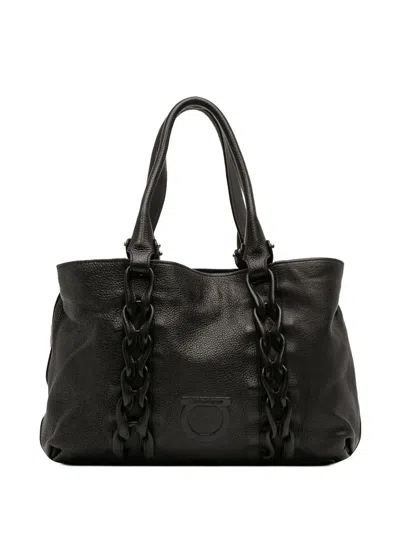 Pre-owned Ferragamo 2000-2025 Leather Gancini Braided Tote Bag In Black