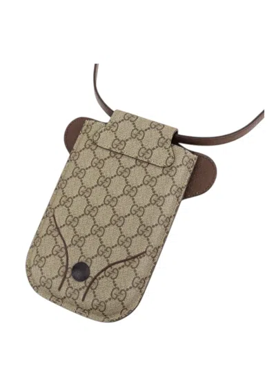 Pre-owned Gucci 2016-2025 Gg Supreme Teddy Phone Holder Crossbody Bag In Brown