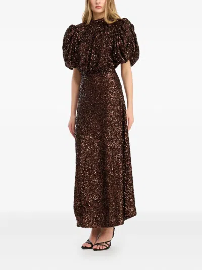 Rotate Birger Christensen Sequin-embellishment Puff-sleeve Midi Dress In Brown