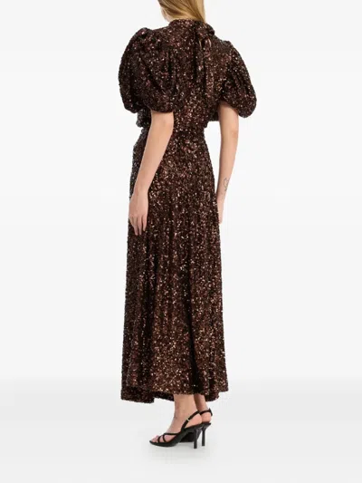 Rotate Birger Christensen Sequin-embellishment Puff-sleeve Midi Dress In Brown