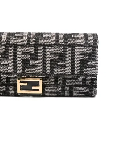 Fendi Denim-effect Ff Jacquard Baguette Continental Wallet With Chain In Gray