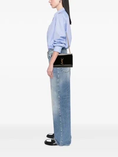 Pre-owned Saint Laurent 2015 Medium Patent Monogram Kate Crossbody Bag In Black